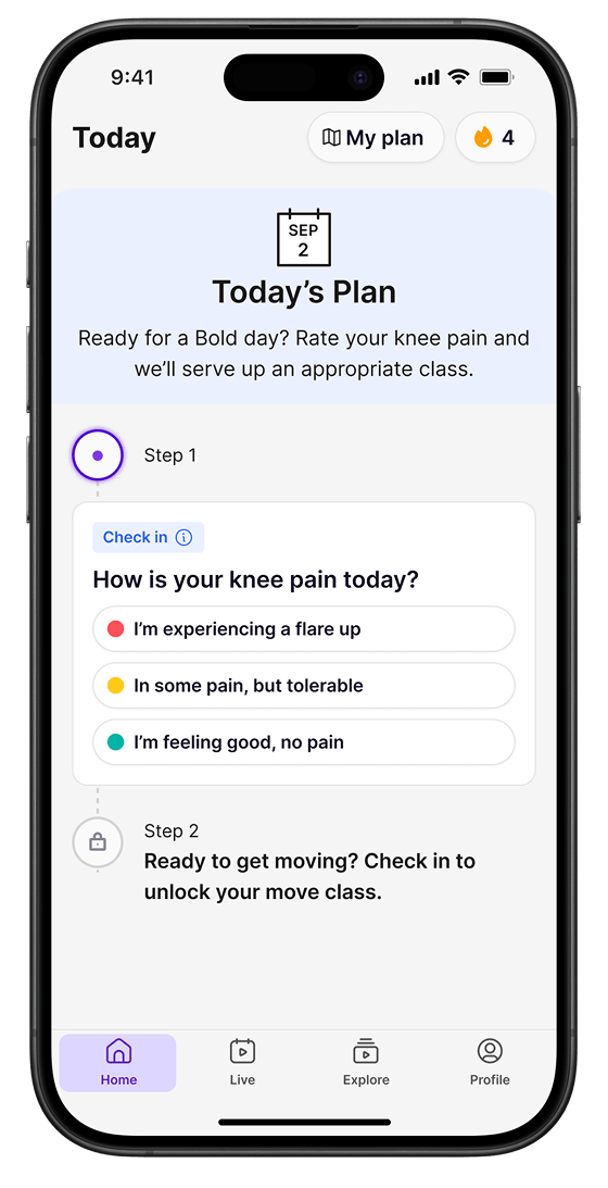 The Bold app showing today’s plan and a check in on knee pain